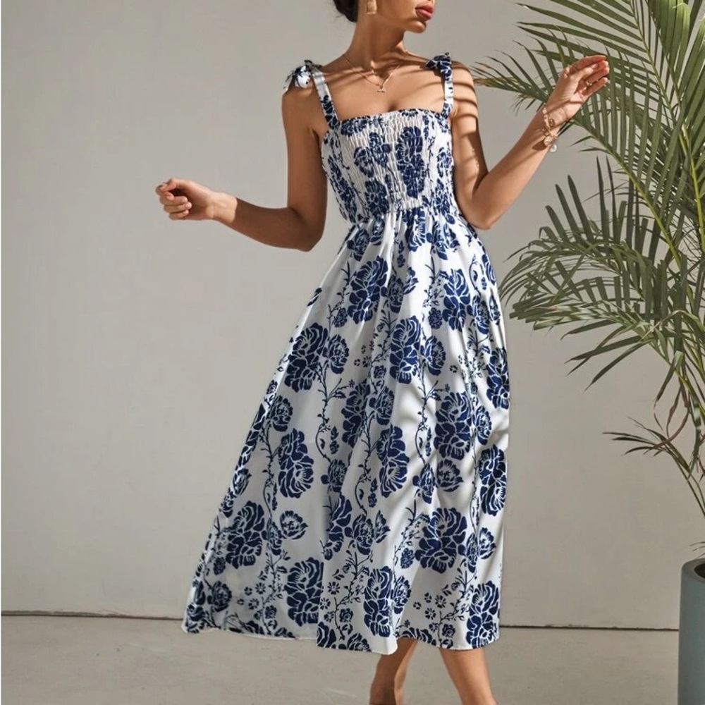 Floral print tie shoulder dress